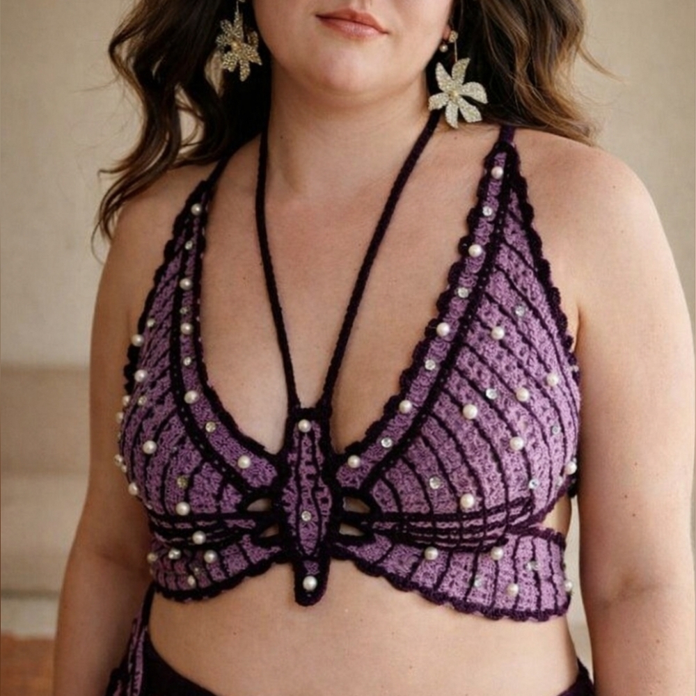 Anewsta Size XL Purple Butterfly Crochet Top - New With Tags